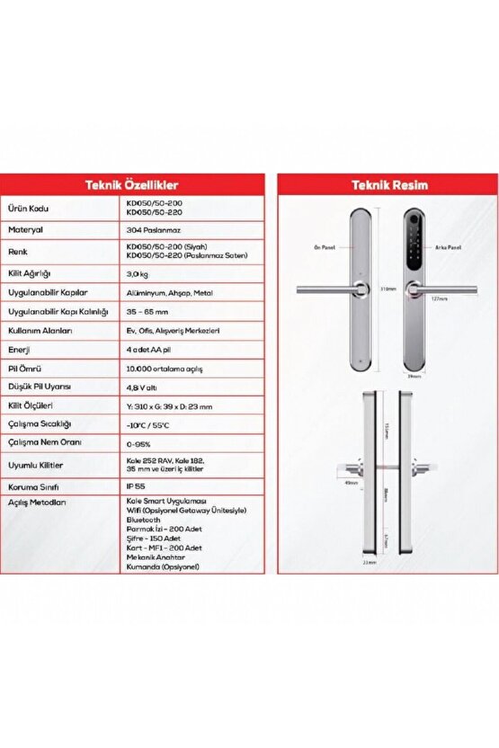 KD05050-200 Elektronik Kapı Kolu Kilidi - Şifreli, Parmak İzli, Kartlı