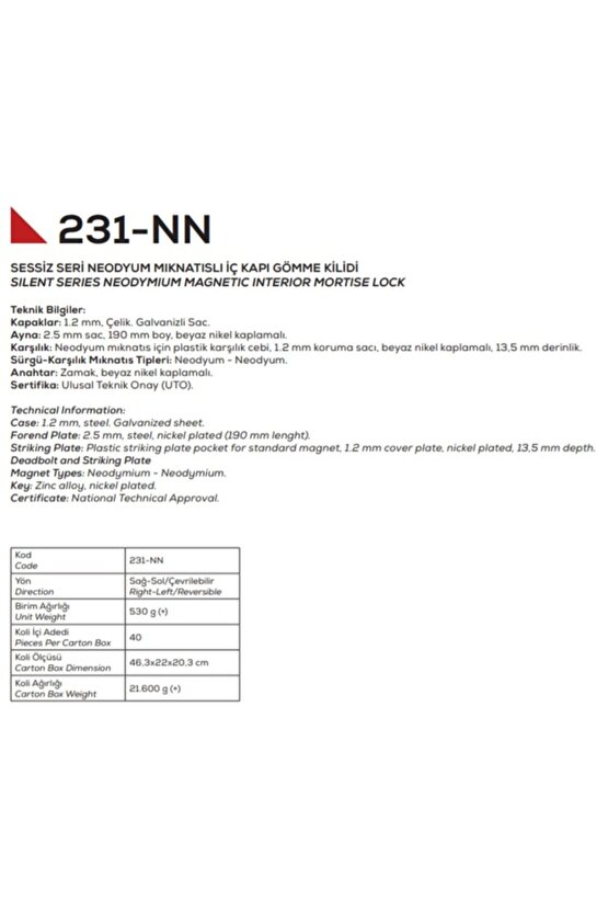 231nn Oda Kilidi 50mm Nikel Oval Mıknatıslı