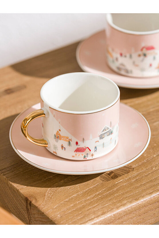 Pembe Baskılı 2 Kişilik Porselen Kahve Fincan Takımı 90 ml