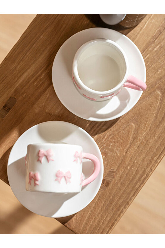 Pembe Fiyonk BaskıIı 2 Kişilik Seramik Kahve Fincan Takımı 100 ml