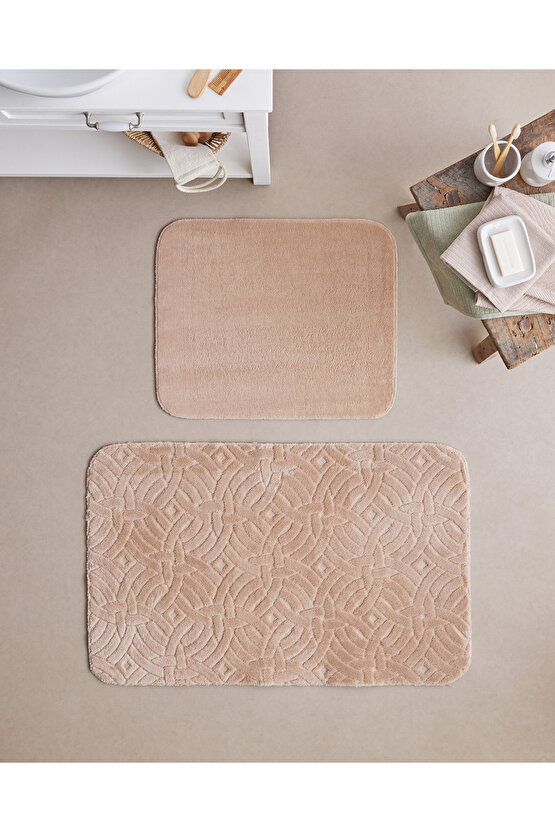 Wavelet Kaydırmaz Taban Banyo Paspası Seti 60x100 cm + 50x60 cm Açık Bej