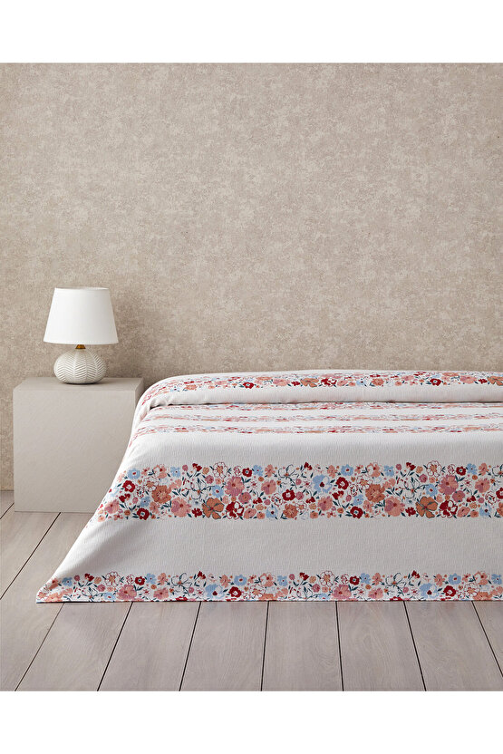 Vintage Floral Baskılı Pamuklu Tek Kişilik Pike 150x220 cm Somon