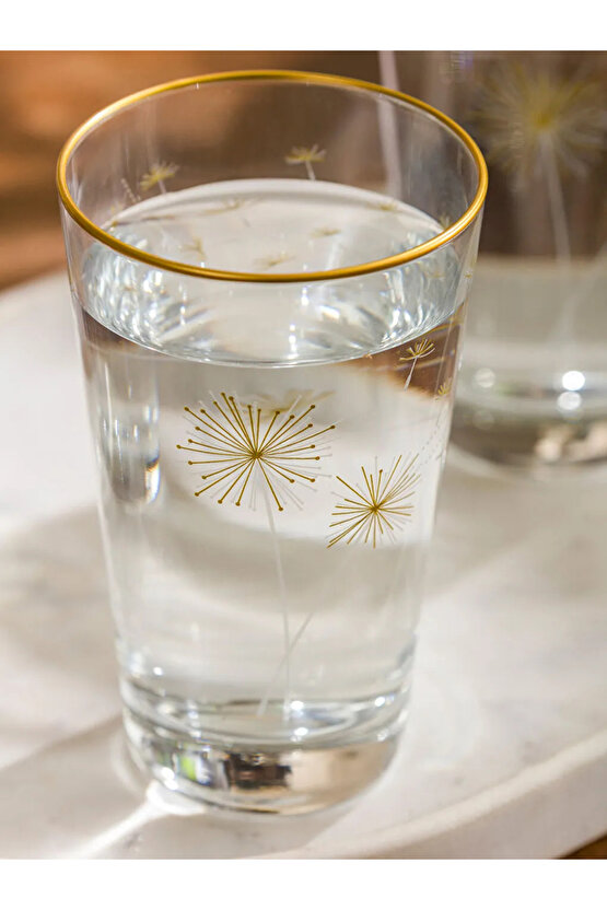 Gold Çiçek Baskılı Cam Su Bardağı 3lü - 400 Ml