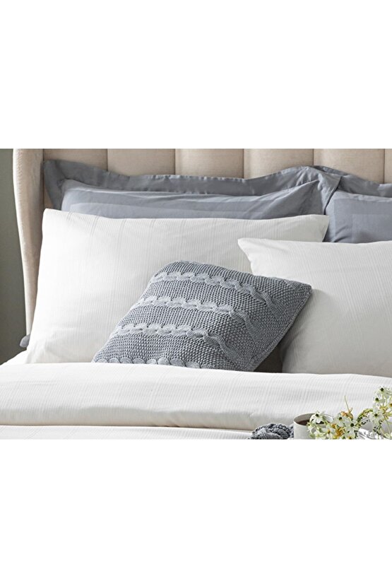 Listra Çizgili Pamuk Saten 2 li Yastık Kılıfı Fildişi