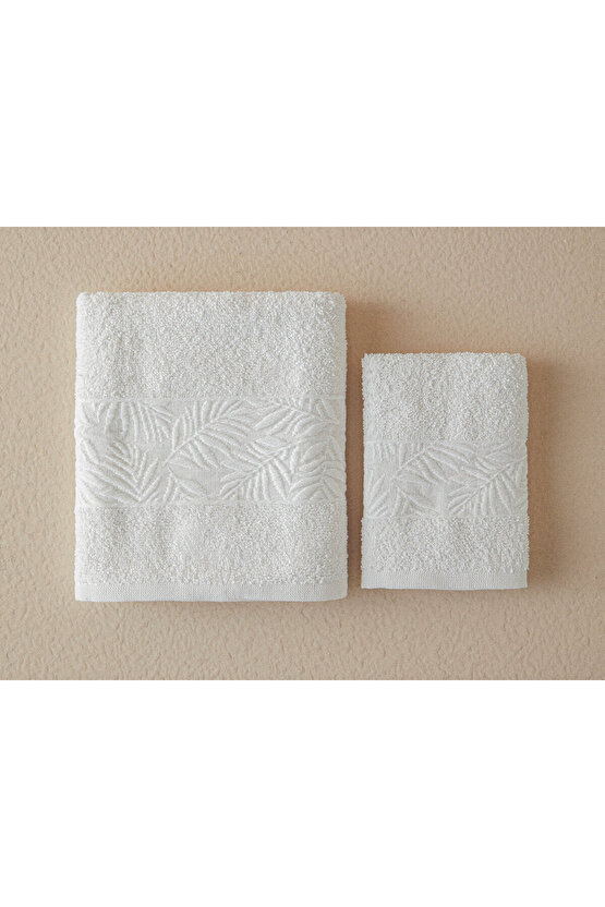 Branch Pamuklu Jakarlı Yüz Havlusu Seti 50x80+30x45 Cm Ekru