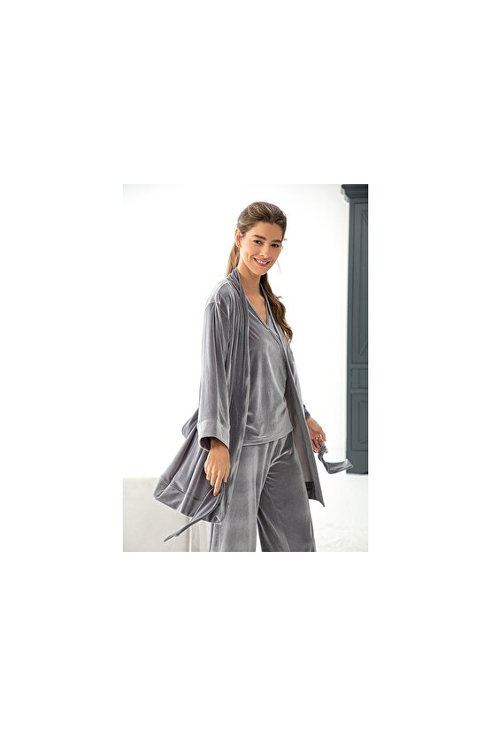 Velvet Touch Kadife Kadın Pijama Takımı Gri