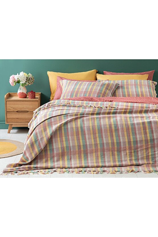 Madras Plaid Dokuma Tek Kişilik Yatak Örtüsü Takımı 160x240 Cm Pembe - Sarı