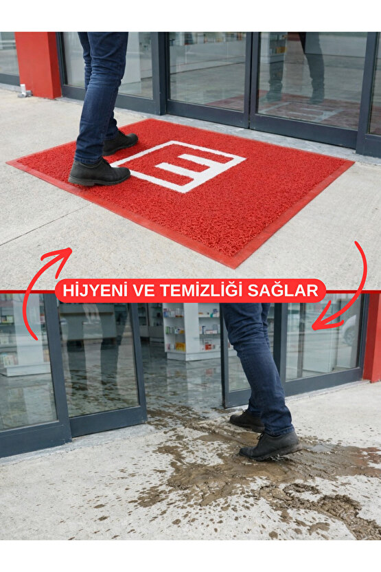 Eczane Önü Paspası E Logo Giriş İşyeri Eczane Mağaza Girişi Kapı Önü Kıvırcık Hijyen Halısı 60x80 CM