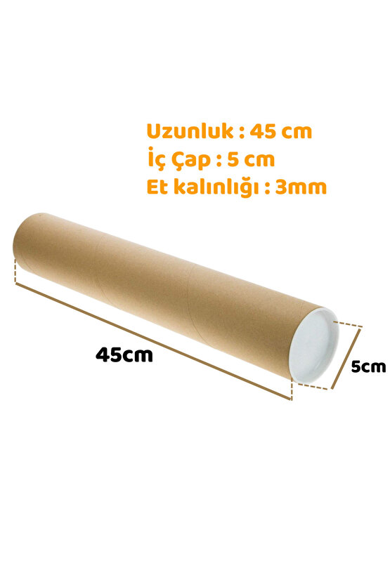 5li Postüp Kapaklı Silindir Kutu Karton Rulo Gönderi Poster Afiş Harita Tüpü 5 Adet 5 Cm X 45 Cm