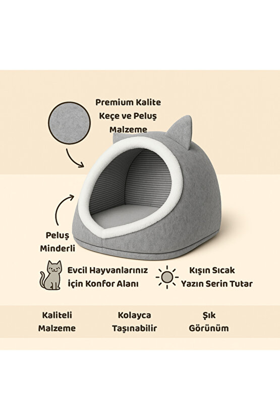 Evi Köpek Evi Evcil Hayvan Yatağı Katlanabilir Keçe Yuva Kulübe Dekoratif Gri Renk 40