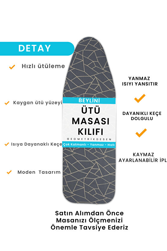 Ütü Masası Kılıfı Örtüsü Bezi, Keçeli,süngerli, Ipli Yanmaz Ayarlanabilir 50x150 Cm Gri