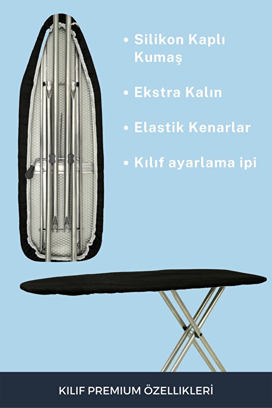 Ütü Masası Kılıfı Örtüsü Bezi, Keçeli Süngerli Lastikli Yanmaz Ayarlanabilir 55x135 Cm Siyah