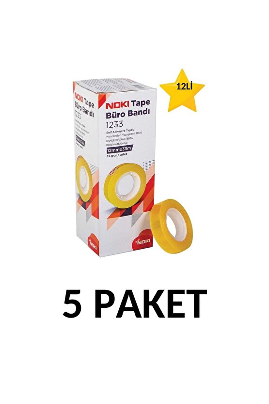5 Paket (60 Adet) 12mmx33m Şeffaf Büro Bandı Para Bandı
