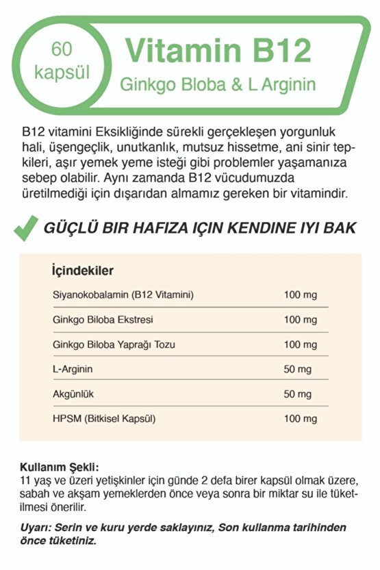 Vitamin B12 - Ginkgo Bloba Ekstresi - L Arginin