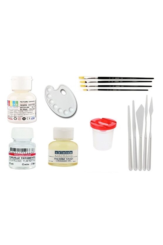 Terebentin Resim Yağı Resim Verniği Fırça Palet Spatula Su Kabı