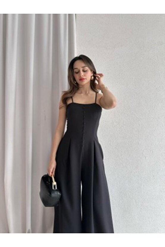 Kadın Askılı Kare Yaka Düğme Detaylı Tulum