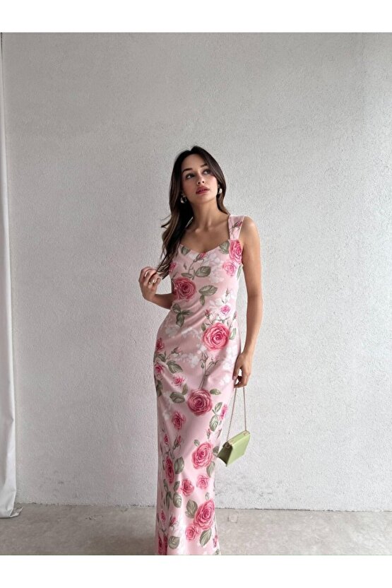 Kadın Astarlı Çiçek Desenli Uzun Tül Elbise