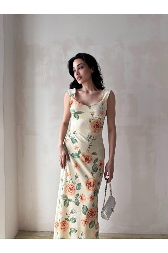 Kadın Astarlı Çiçek Desenli Uzun Tül Elbise