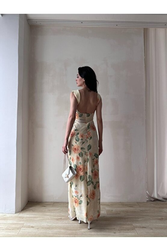 Kadın Astarlı Çiçek Desenli Uzun Tül Elbise