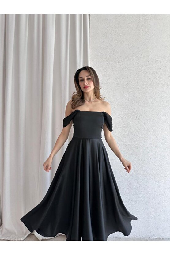 Kadın Ayarlanabilir Tül Kol Detaylı Midi Elbise