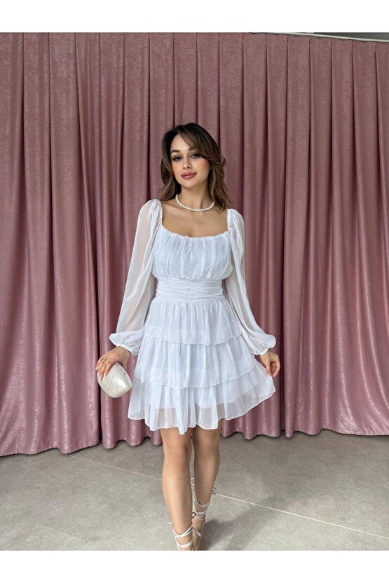 Kadın Kare Yaka Kat Etekli Transparan Kollu Mini Şifon Elbise