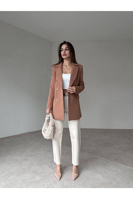 Kadın Çift Düğme Atlas Kumaş Ceket