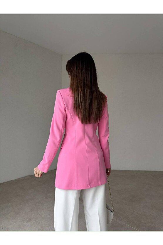 Kadın Çift Düğme Atlas Kumaş Ceket