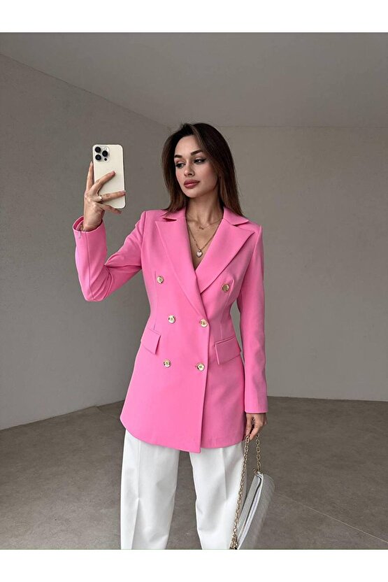 Kadın Çift Düğme Atlas Kumaş Ceket