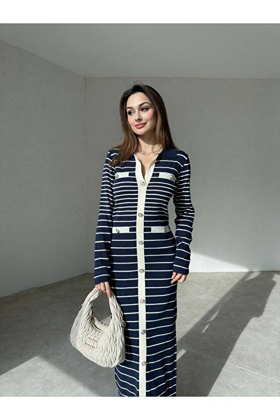 Kadın Çizgi Desen Maxi Triko Elbise