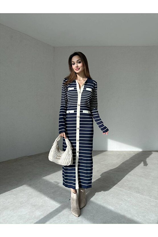 Kadın Çizgi Desen Maxi Triko Elbise