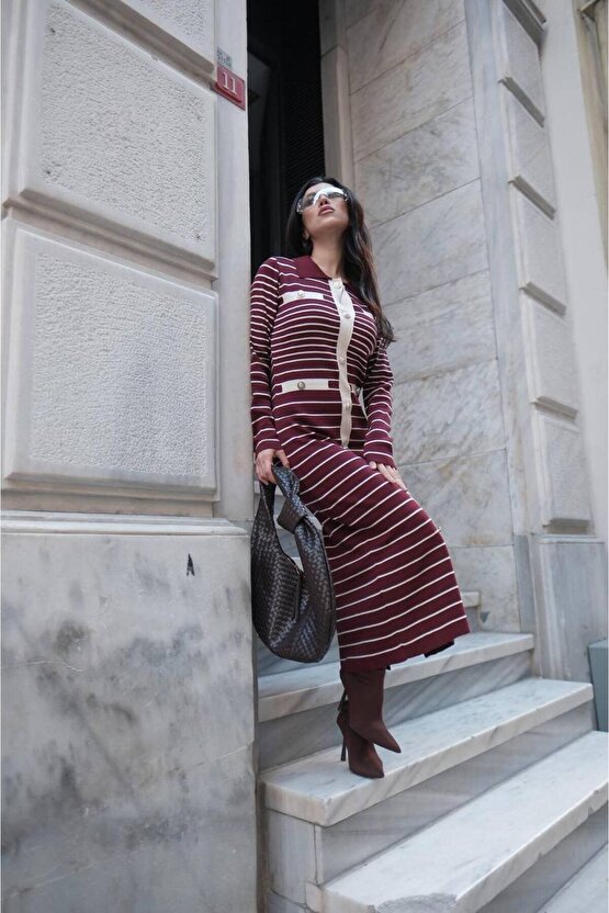 Kadın Çizgi Desen Maxi Triko Elbise