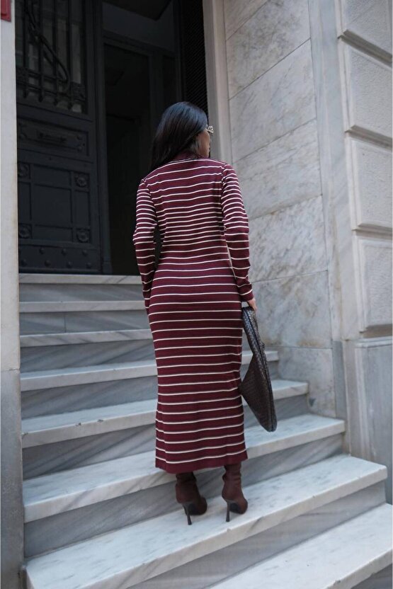 Kadın Çizgi Desen Maxi Triko Elbise