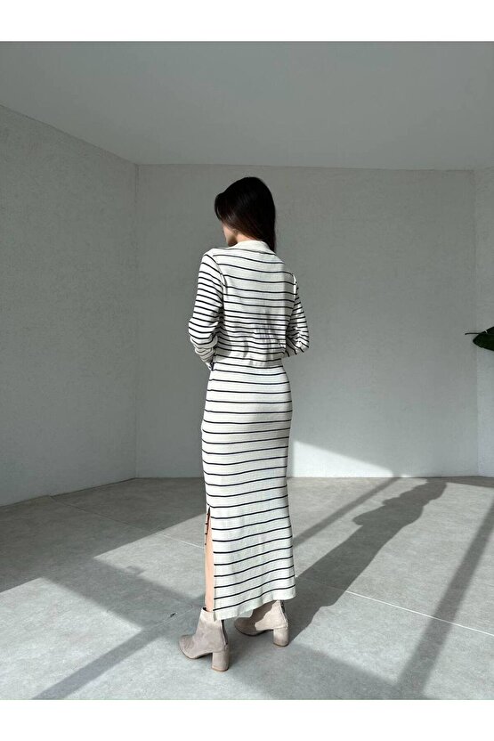 Kadın Çizgi Desen Maxi Triko Elbise