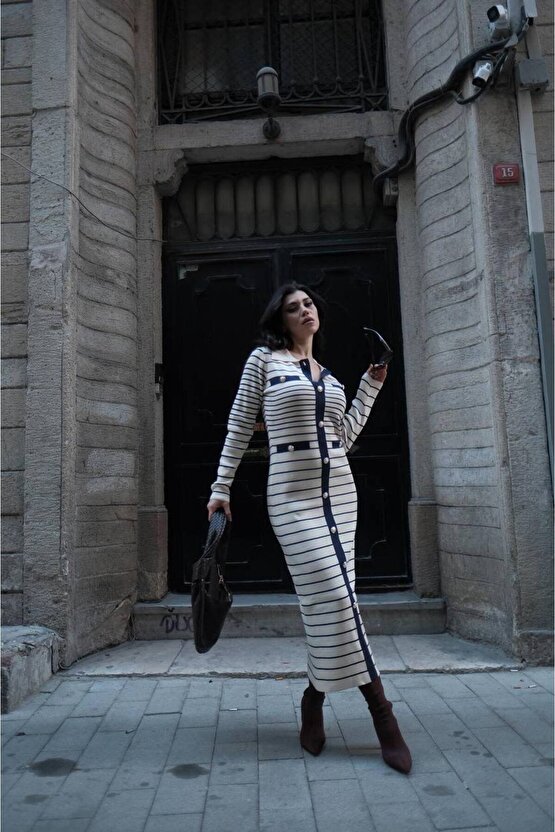 Kadın Çizgi Desen Maxi Triko Elbise