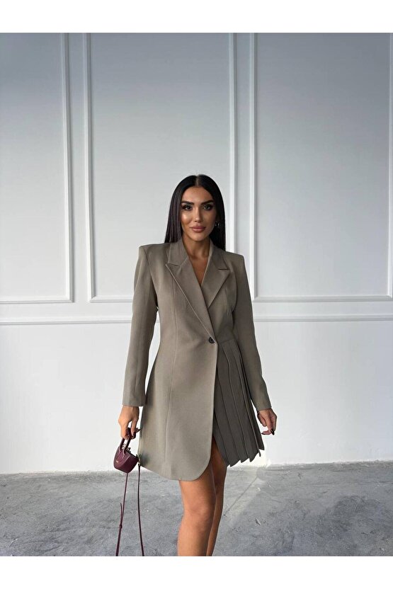 Pile Detaylı Tek Düğme Atlas Kumaş Haki Ceket Elbise