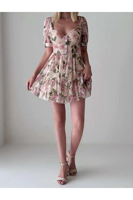 Kısa Kol Gloplu Düğme Detaylı Şifon Kumaş Mini Kahve Elbise