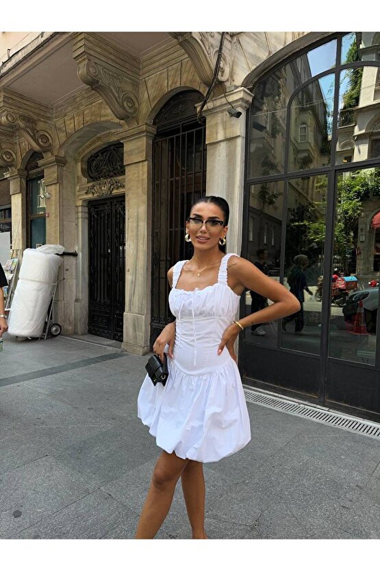 Balon Etek Kare Yaka Kalın Askılı Poplin Kumaş Mini Beyaz Elbise