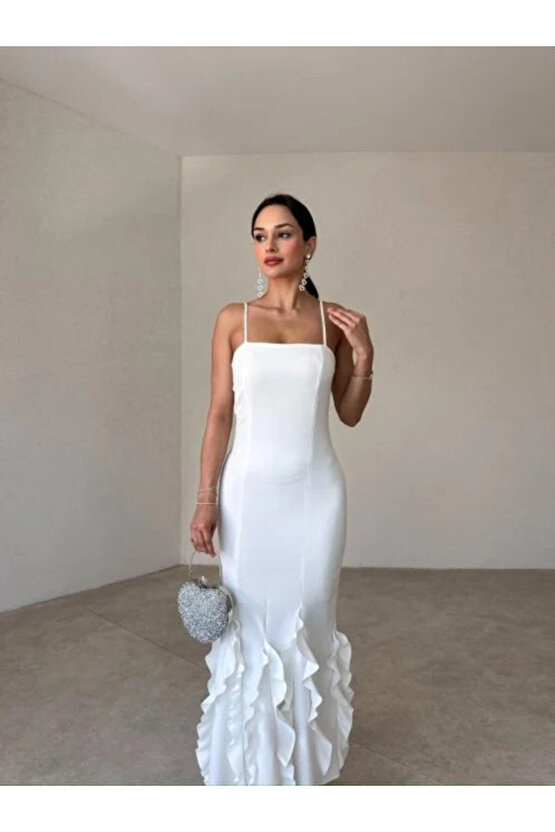 Askılı Fırfır Detay Atlas Kumaş Beyaz Uzun Elbise