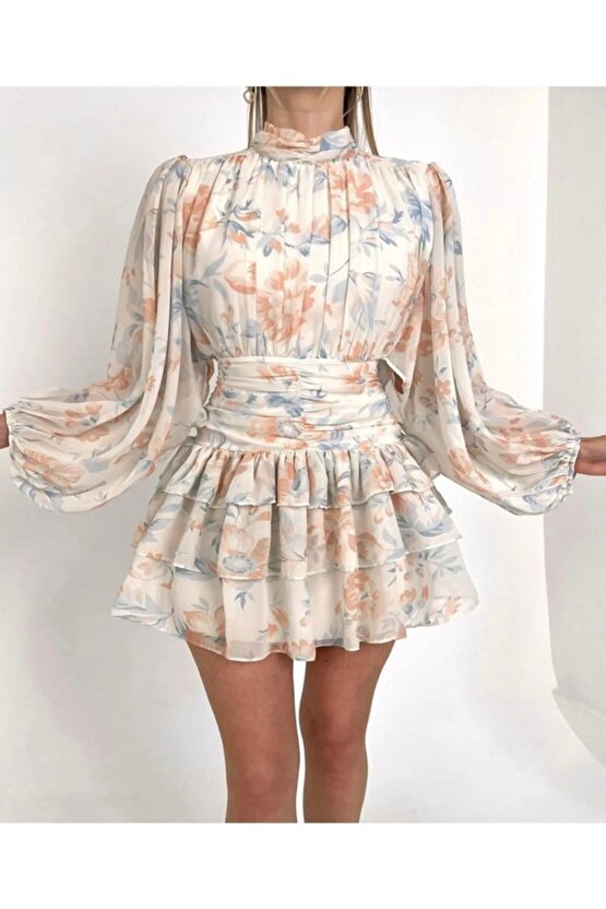 Dik Yakalı Drapeli Sırt Detaylı Çiçek Desenli Krem Mini Şifon Elbise