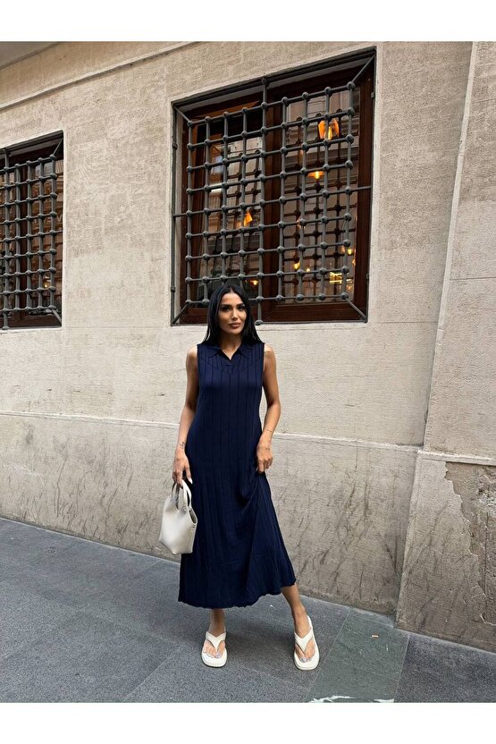 Gömlek Yaka Sıfır Kol Çizgi Desen Uzun Lacivert Triko Elbise