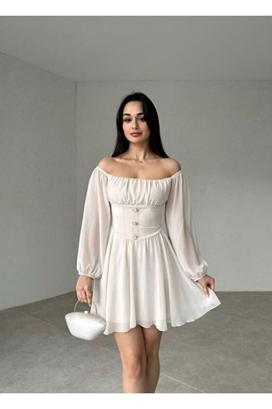 Düğme Detaylı Mini Şifon Elbise