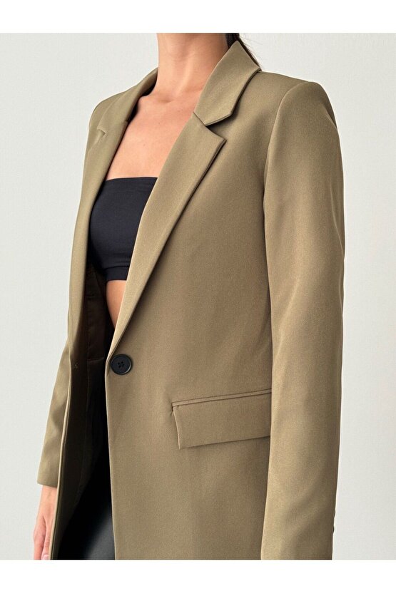 Atlas Kumaş Tek Düğmeli Haki Blazer ceket