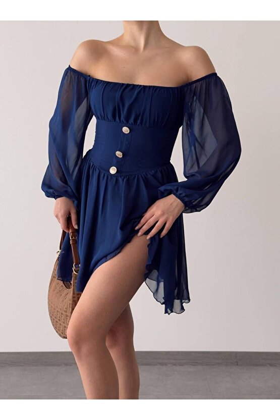 Düğme Detaylı Mini Şifon Elbise