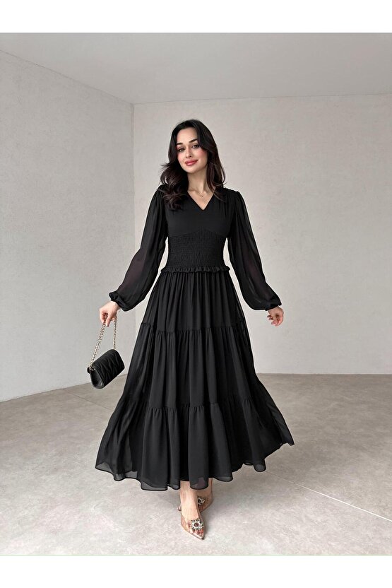V Yaka Astarlı Beli Lastikli Şifon Kumaş Uzun Boy Siyah Elbise