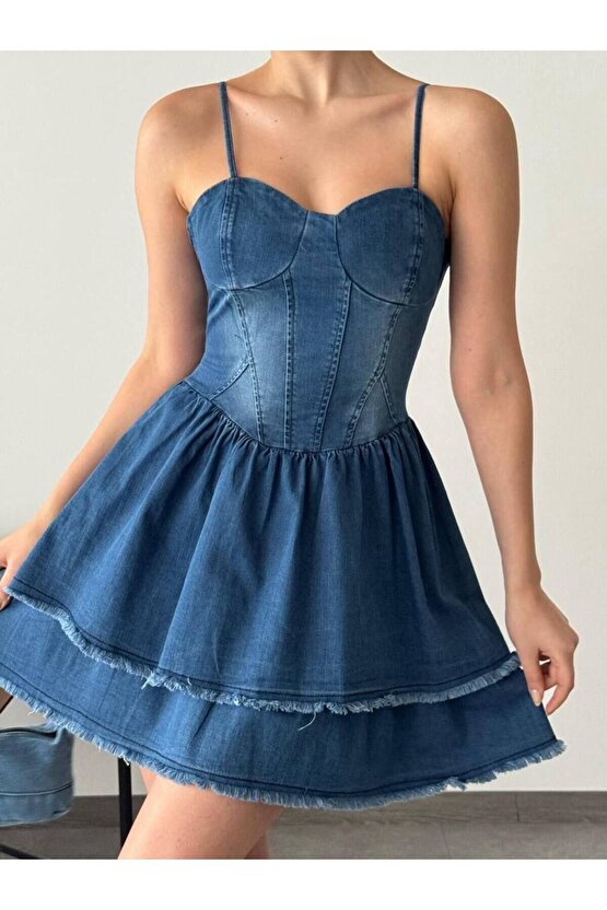 Askılı Korse Formlu Kat Etek Likralı Mini Boy Mavi Kot Elbise