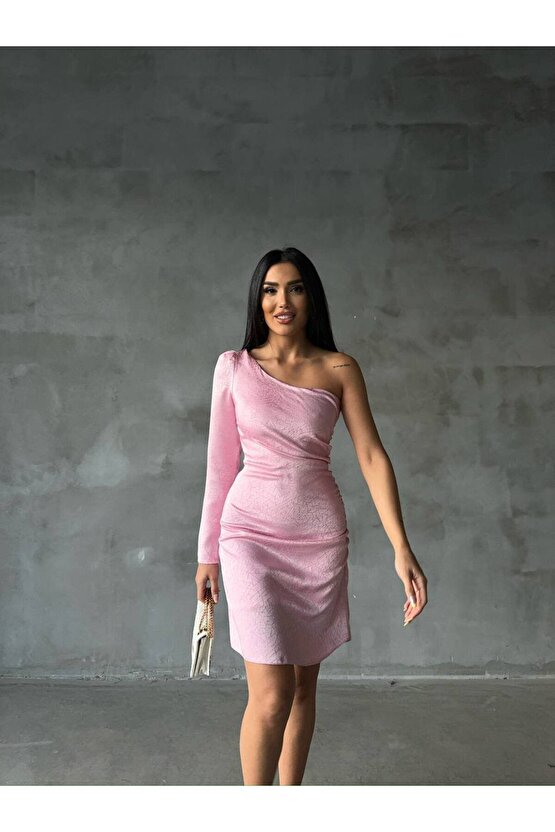 Tek Omuz Desenli Dantel Pembe Elbise