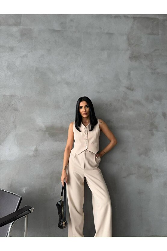 Atlas Kumaş Yüksel Bel İspanyol Paça Pantolon Yelek Bej Takım