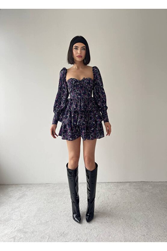 Kol Detaylı Mini  Desenli Elbise