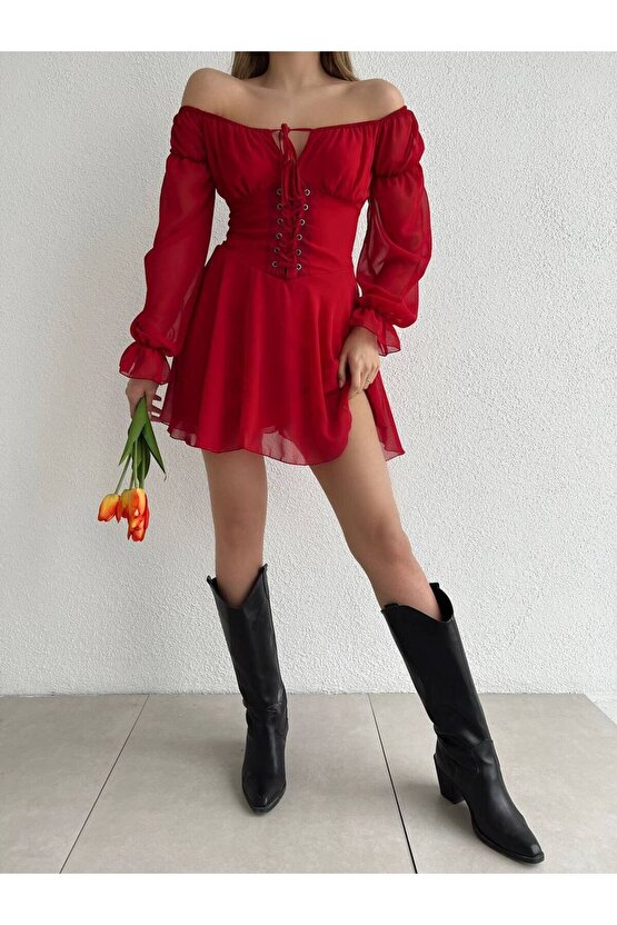 KUŞ GÖZLÜ ŞİFON ELBİSE