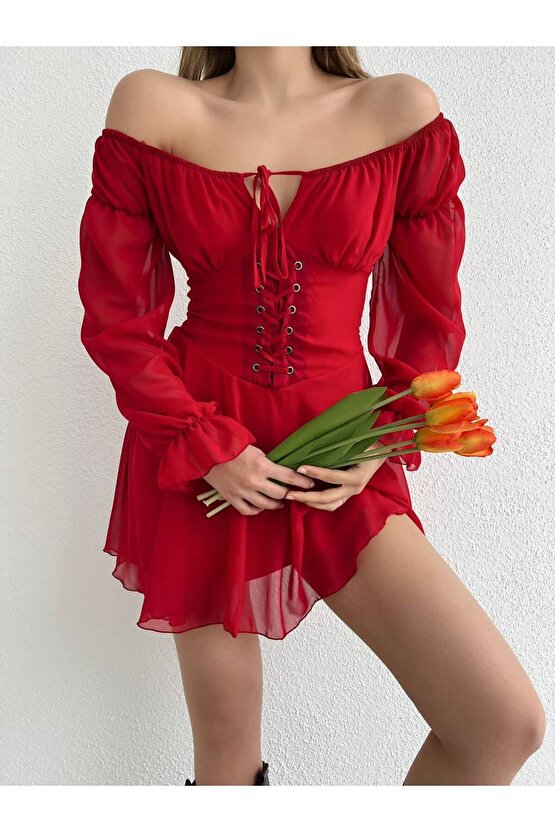 KUŞ GÖZLÜ ŞİFON ELBİSE